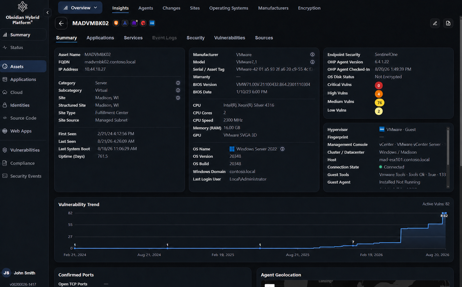 Anonymized Madison virtual server asset summary with system, security, hypervisor, and vulnerability details