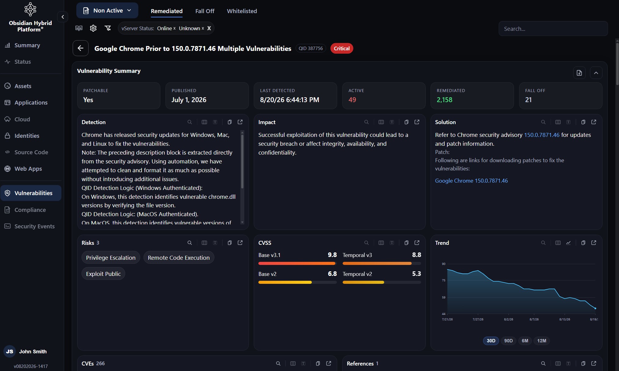 Remediated vulnerability details with detection, impact, solution, risks, CVSS scores, and trend